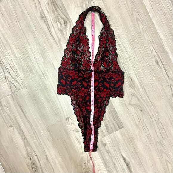 Vintage Y2K Fredericks of Hollywood red black low cut lace teddy sz L stretchy - Picture 8 of 15